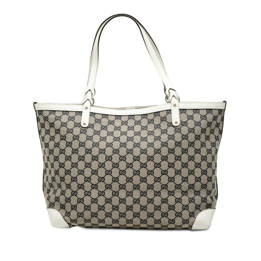 Gucci GG Canvas Tote Bag Shoulder Beige Cream Navy Blue White Leather